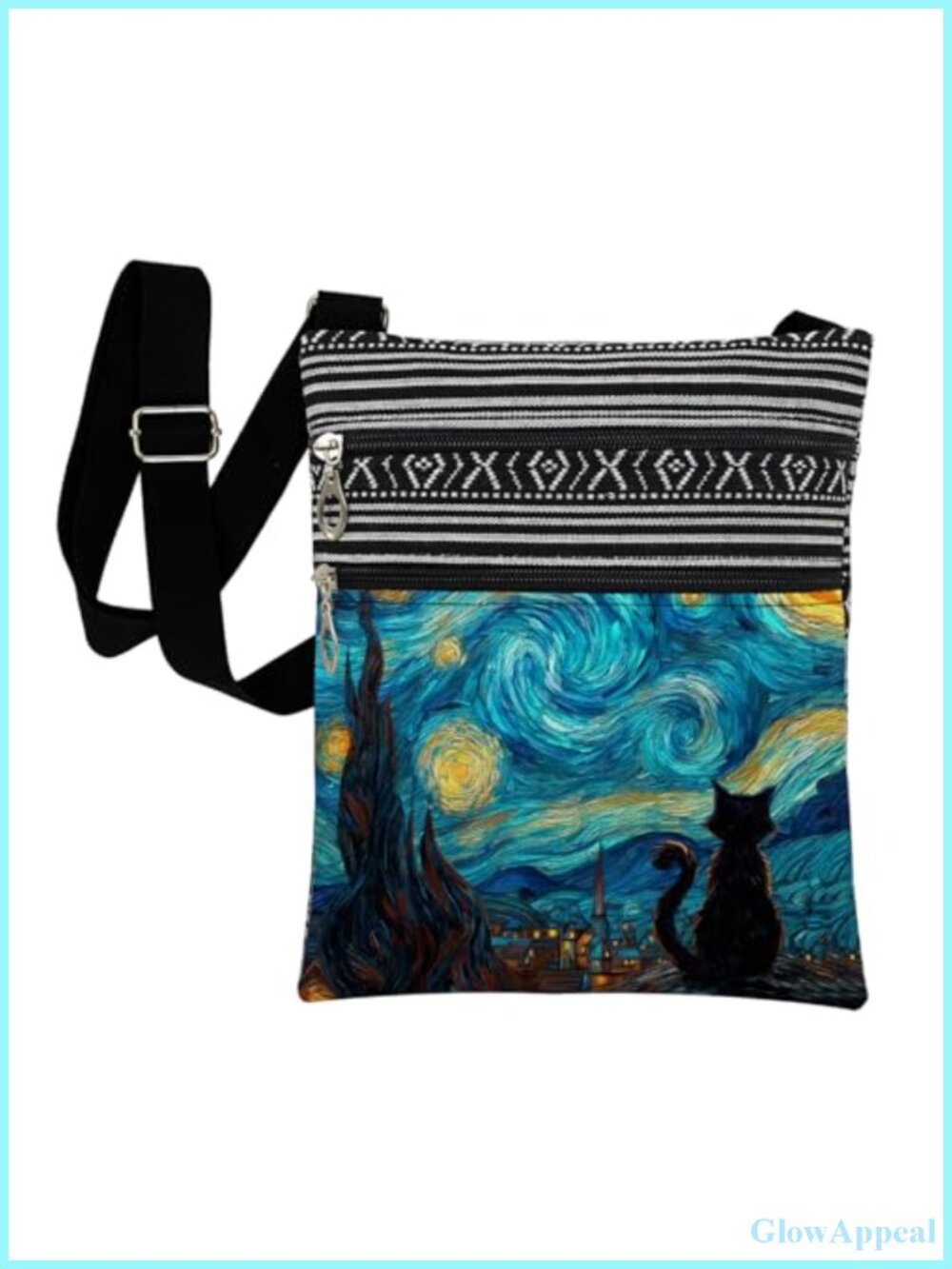 Starry Night Cat Crossbody Bag Adjustable Strap Zipper Polyester Sling Purse
